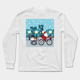 Santa Claus riding bike through the city Long Sleeve T-Shirt